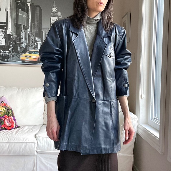 Leather navy blue blazer jacket - Picture 1 of 16